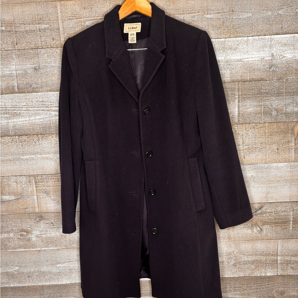 L.L. Bean womens navy wool cashmere overcoat long car Coat size 10 trench